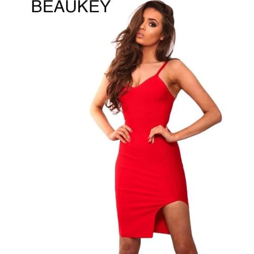 2017 New Arrival Red Slit Spaghetti Strap Open Fork Knee Length Sexy Womens Knitted Elastic Rayon Bodycon Bandage Dress