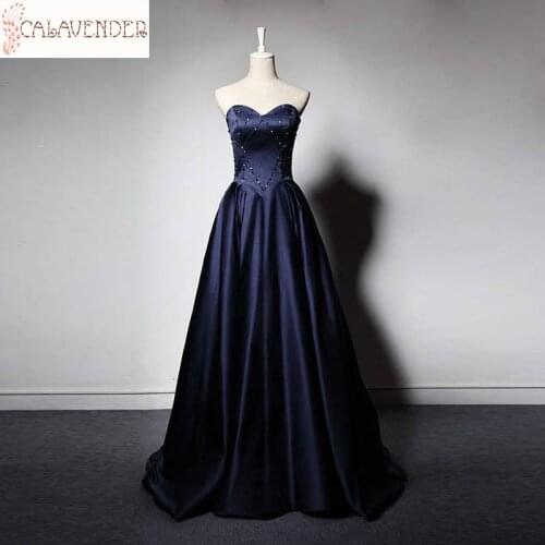 Strapless Satin Evening Dresses 2020 Navy Blue Prom Dresses Beaded Robe Soiree Femme with Lace Up