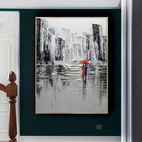 Free Shipping Hand Painted Couple Walking in the Rain Oil Painting Home Decoration Modern Abstract Acrylic Paintings no Framed