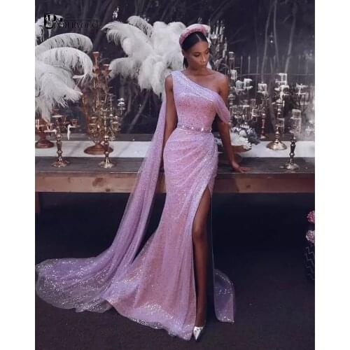 Sparkling Evening Dresses Mermaid Long vestidos de fiesta One Shoulder Sequin Sexy Split Dubai Arabic Pink Formal Prom Dress