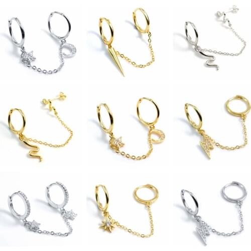 BOAKO 925 Sterling Silver Double Hole Link Chain Circle Hoop Earrings Zircon Moon Star Lightning Pendant Huggie Piercing Earring