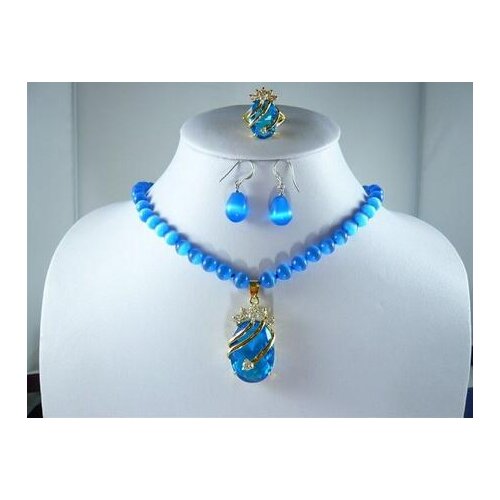 Charm blue jades/opal necklace +blue zircon pendant earring ring set