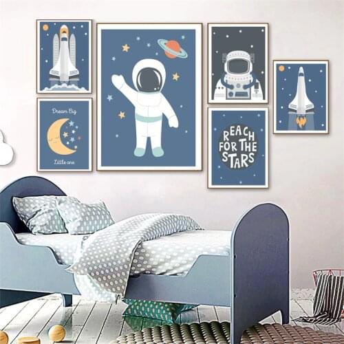 Childrens Room Decor Wall Posters Modern Minimalist Cartoon Space Cosmonaut Planet Rocket Alphabet Picture Nursery Room Decor