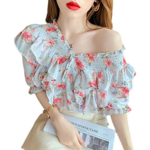 Cheap wholesale 2021 spring summer new fashion casual chiffon women shirt woman female OLPy puff sleeve cold shoulder top Py1429