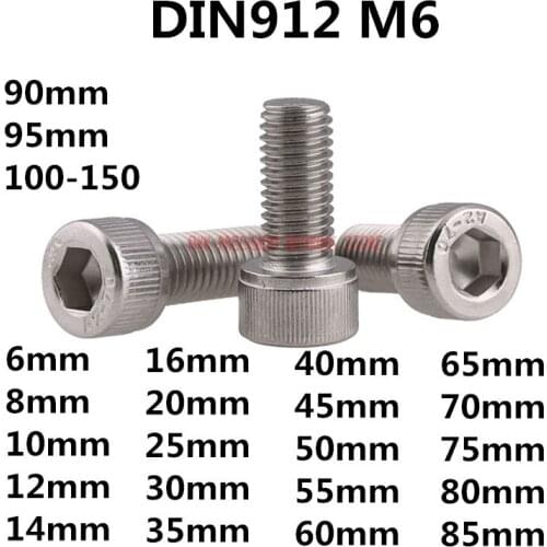 DIN912 M6 Metric Thread 304 Stainless Steel Hex Socket Head Cap Screw Bolts M6*(6/8/10/12/14/16/18/20/22/25/30/35/40~150) mm