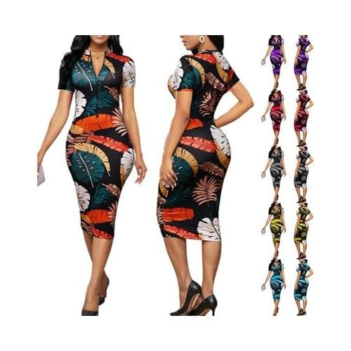 Womens V-neck Sexy Slim Printed Dress Ladies Tight-fitting Pullover Zipper Short-sleeved Hip Dress Fashion Harajuku Dresses 3XL