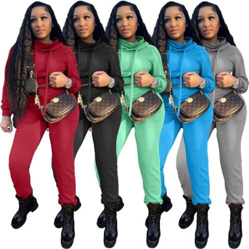 Joggers Sweatpants Tracksuit Solid Women Streetwear Stacked Neck Long Sleeve Hooded Top + Sweat Pants Slim Two Piece Set Outfits