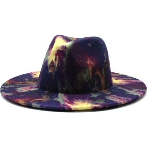 Fedora hat winter ladies men flat brim wide brim tie dye autumn women hat retro tie-dye gradient blue green white felt hat men