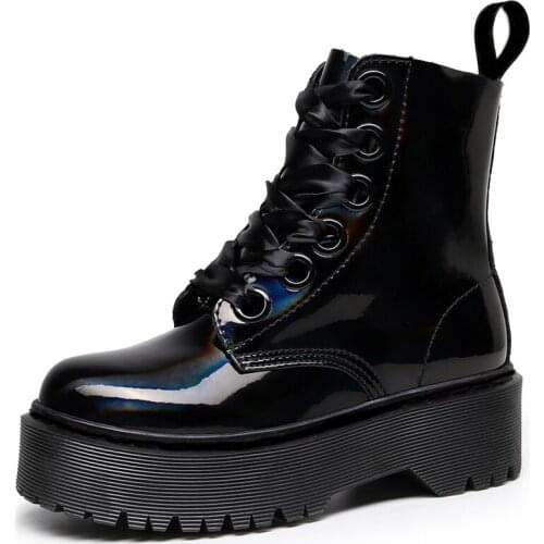 Chromatic Patent Leather Gothic Black Boots Women Chunky Heel Platform Boots Punk Motorcycle Boots for Women Shoes Plus Size 43