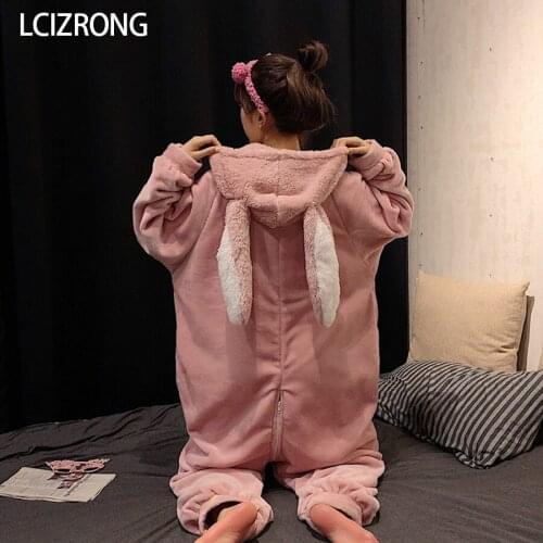 Winter Flannel Big Rabbit Ear Hooded Onesie For Adults Cute Long Sleeve Warm Pajama Onesie Women Spring Loose Home Clothes Girl