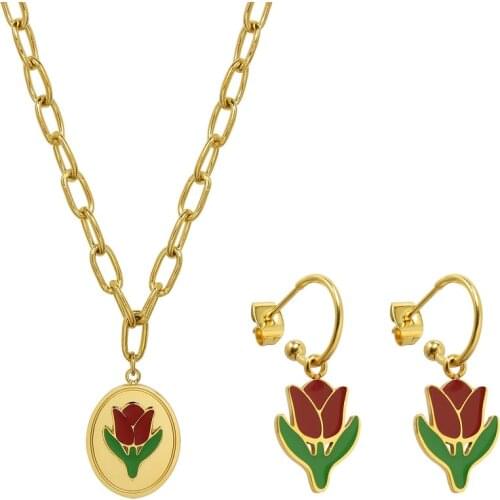 2021 New Fashion 18K Gold Plated Stainless Steel Earrings Necklaces Tulip Flower Pendant Necklace For Girl Women Jewelry Set