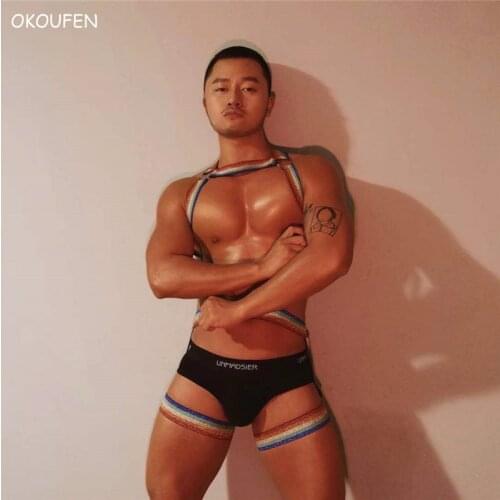 Nightclub Bar Men Ds Rainbow elastic bandage one-piece Chest Strap Stage Sports Sexy dance equipment