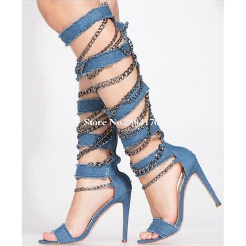 Western New Fashion Open Toe Denim Chains Decoraterd Stiletto Heel Gladiator Boots Cut-out Blue High Heel Long Sandal Boots