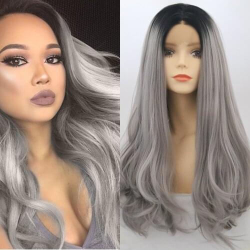QUINLUX WIGS Grey Ombre Wavy Wig For Black Women/Girl High Temperature Heat Fiber Synthetic Lace Frontal Hair Cosplay Show