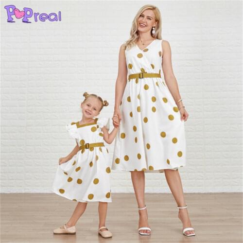 PopReal Summer Wave Point Print Flying Sleeves Bow Belt Girl Family Dress Mom And Daughter Skirt Mother Kids Dress