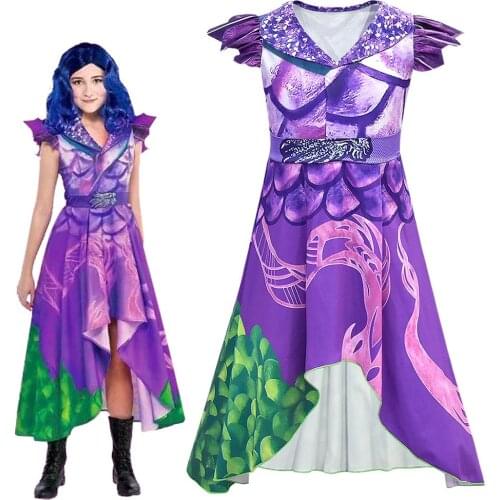 Child Girls Descendants 3 Cosplay Purple Dress Costume 3D Printed Costume Kids Girls Halloween Masquerade dress Short sleeved