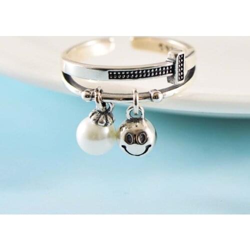 Real S925 Plain Silver Simple Woven Chain Smile Pearl Opening Ring Exquisite Anniversary Gift Jewelry