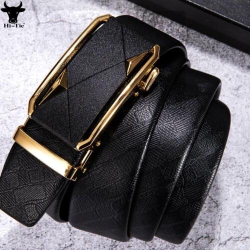 Luxury Black Genuine Leather Mens Belts Gold Automatic Buckles Ratchet Waistband Strap for Men Jeans Dress Business Wedding Gift