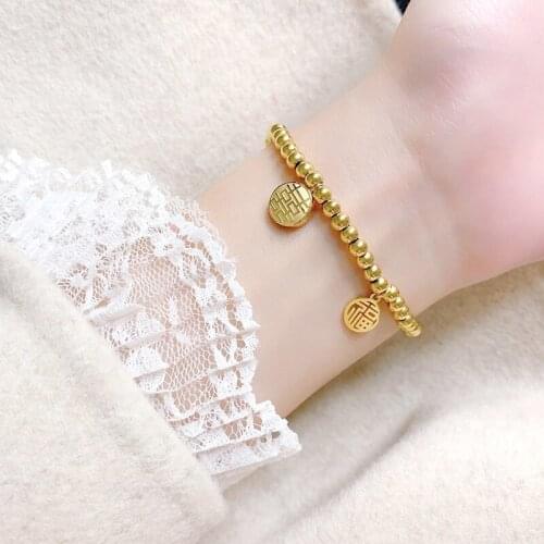 YUN RUO Luxuy Chinese Word Round Bead Bracelet Woman Birthday Gift Rose Gold Color Fashion Titainum Steel Jewelry Never Fade