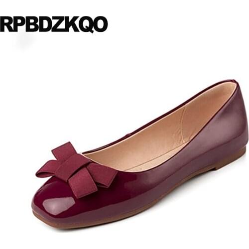 Slip on bow red wine shoes size 35 designer ladies china soft ballet flats women square toe ballerina patent leather fashion