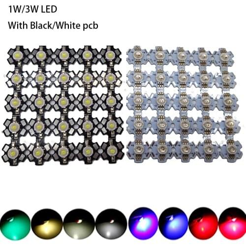 100pcs 1W 3W High Power led Diode Cold Warm White RGB UV 395nm Deep Red Green Royal Blue 450nm 660nm Pink LED with 20mm Star pcb