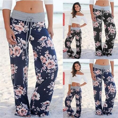 European and American flower high waist loose casual wide leg pants womens trousers