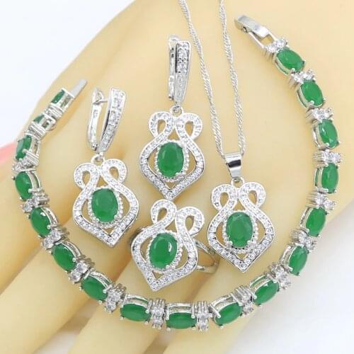 Silver Color Jewelry Sets for Women Bracelet Green Semi-precious Earrings Rings Necklace Pendant Gift Box