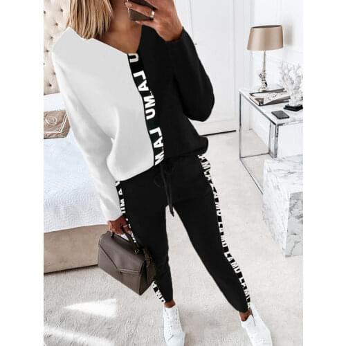 Letter Print Colorblock Tracksuit Women Two Piece Set Spring Autumn Clothes V-Neck Long Sleeve Top and Pants Suit Casual Outfits