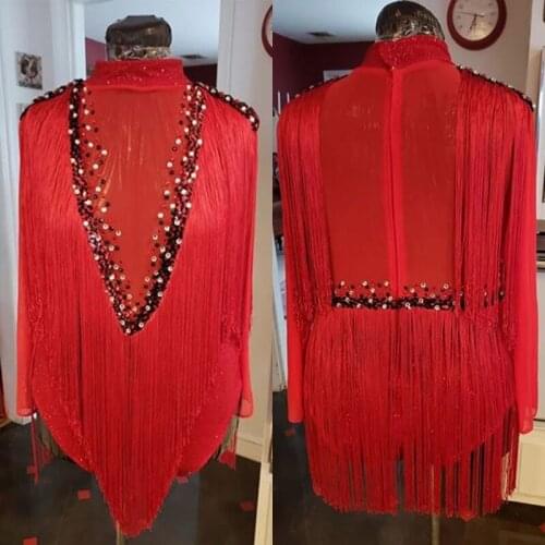 Long sleeve Red Fringes Rhinestones Bodysuit Women Stage Dance Costume Nightclub Dance Female Singer Show Bright Leotard