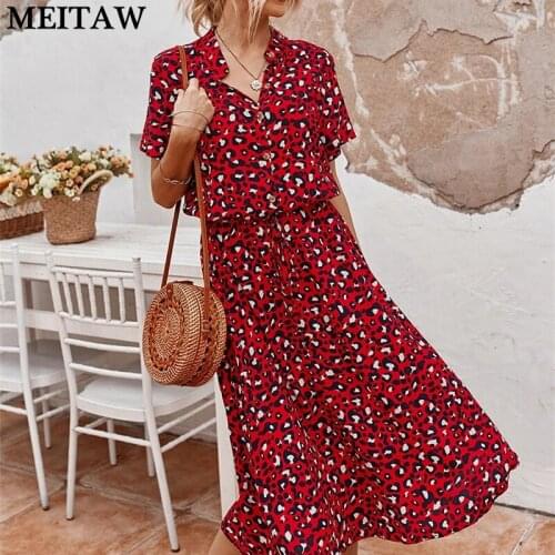 2021 Fashion Women Short Sleeve Shirt Dress Ladies Summer Leopard Printed Loose Midi Dress Female V Neck Bohemian Sundress