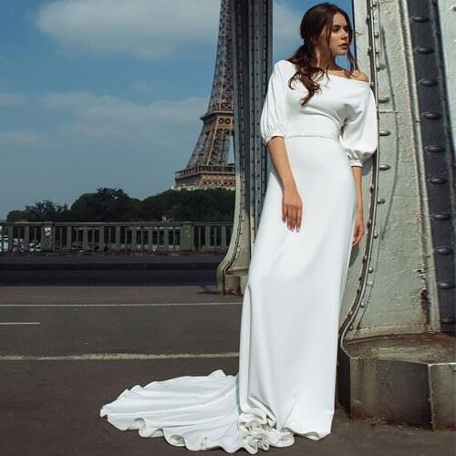 Elegant Beach Sweep Train Boat Neck Wedding Dress Half Sleeve Zipper Back High Quality Jersey Bridal Gowns Robe De Mariée