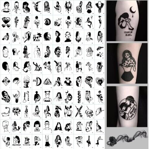 100pcs/Set No Repeat Dark Style Temporary Tattoo Waterproof Black Girl Pattern Body Art Stickers Disposable tatouage temporaire