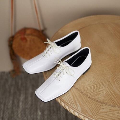 2021British style white fashion womens shoes leather square toe lace-up womens shoes