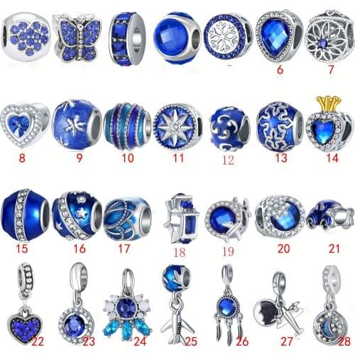 5PCS New Deep Blue Color Enamel Crystal Car Crown Heart Star Charm Bead Fit European Pandora Charm Bracelet Jewelry Accessories