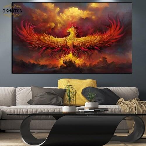 Abstract Canvas Painting Eastern Phenix Wall Art Posters And Prints Flame Bird Animal Pictures For Living Room Home Decoration