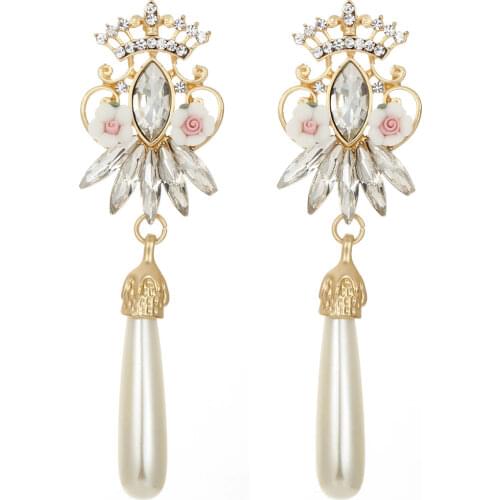 White Glass Pearl Flower Gold Crown Earring Womens Fashion Earrings New arrival brand sweet metal with gems stud for women girl