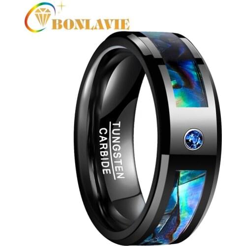 BONLAVIE Black Tungsten Ring Abalone Shell Tungsten Steel Ring with Blue CZ Stone Finger Jewelry Men Women Wedding Ring