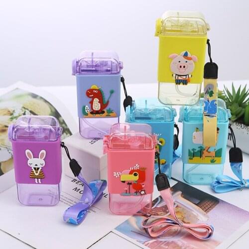 Cartoon Cute Animal Water Bottle for Kids BPA Free Plastic Drink Bottles with Silicone Straw 300ml Students Square Juice Bottle