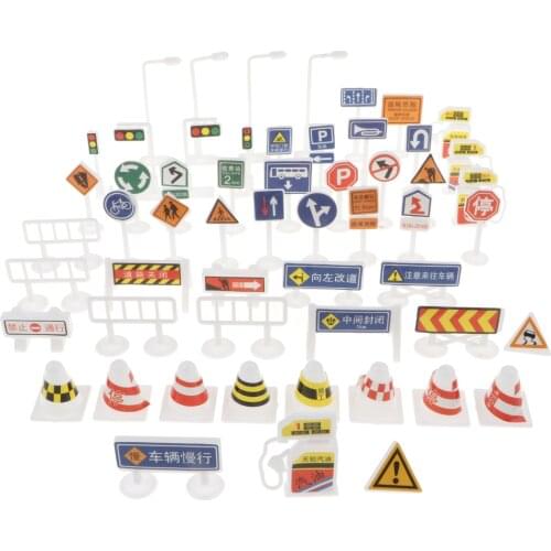 Kids Street Road Traffic Signs Figure Playset Kid Educational Toy Car & Train Simulation Scene Building Set - 56 pieces