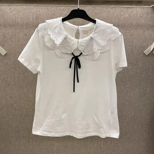 Woman lotus leaf collar white T-shirt French brand lace lace cotton comfortable and elegant T-shirt
