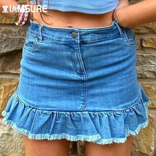 IAMSURE Blue Mini Denim Skirt Slim All-Match Trumpet Skirts Sexy Casual Mid-Waisted Pleated Streetwear Female 2021 Spring Autumn