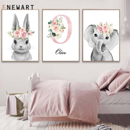 Custom Baby Name Canvas Painting Poster for Girls Bedroom Personalized Print Pictures Pink Flower Animals Wall Art Nursery Decor