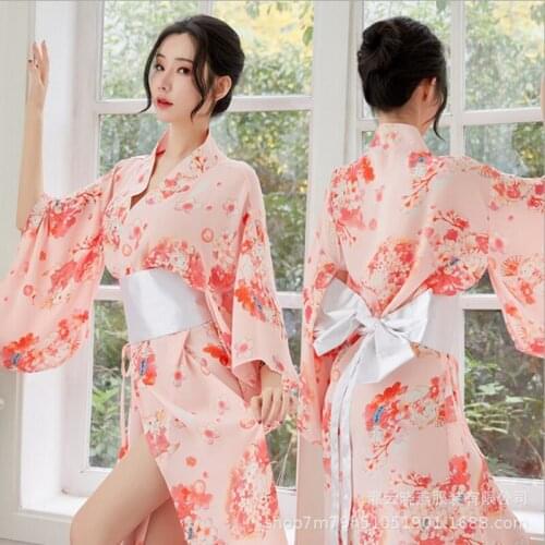 Wholesale Japanese Kawaii Pink Kimono With White Bow-Knot Waistband And Thong Sexy Maid Cosplay Costumes For Woman AV Outfit