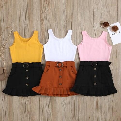 Lioraitiin 3 Colors Summer Fashion Baby Girls Clothes Sets Solid Sleeveless Romper Tops Button A-Line Skirts 0-4Y