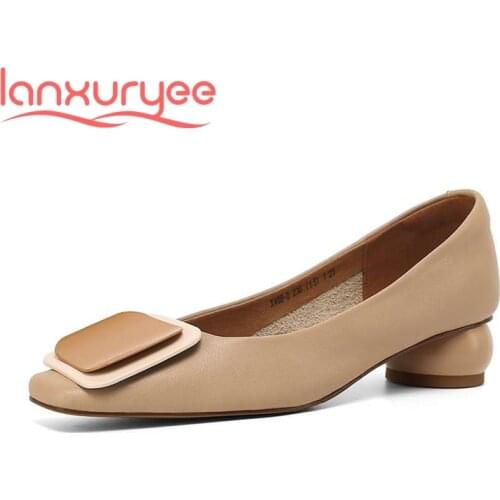 Lanxuryee 2021 summer new arrival full grain leather square toe med heel comfortable shoes Korean street sweet women pumps L08