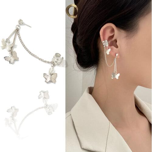 Fashion Vintage Punk Butterfly Clip Earrings Ear Hook Stainless Steel Ear Clips Double Pierced Retro Chain Women Girls Jewelry