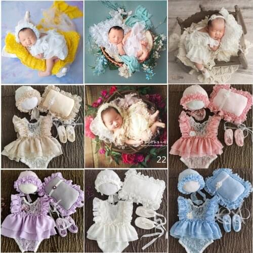 Newborn Photography Clothing Baby Girl Photo Props Accessories Hat+Headdress+Pillow+Jumpsuit+Shoes Infant Shoot Princess Outfits