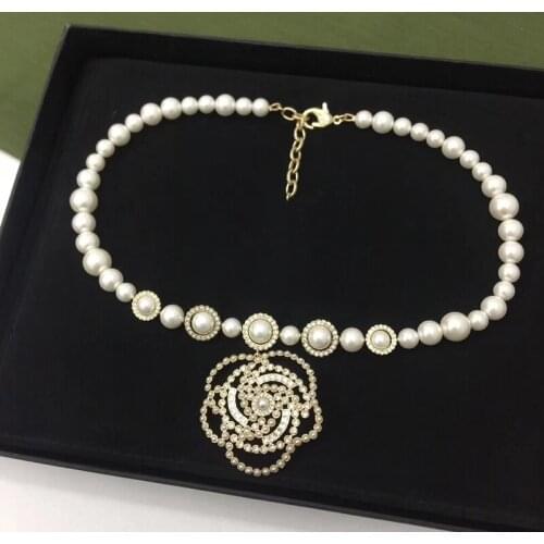 Top Quality Fashion Camellia Crystal Pearls Luxcy Party Flower Necklace Vintage Chain Jewelry Neckalce