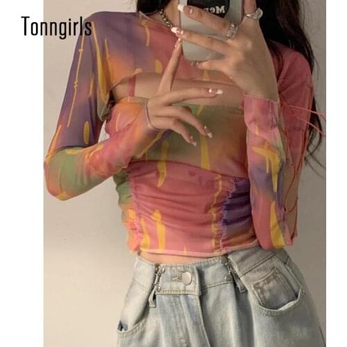 Tonngirls Sexy Rainbow Tie Dye Two Piece Set T Shirts Slim Mesh Tops Bandage Lace Up Crop Top Egirl Sweet Y2k Tshirt Hollow Out