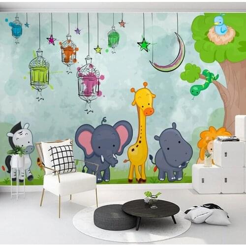 Custom 3D Mural Wallpaper For Kids Room Hand Painted Cartoon Animal Giraffe Lion Elephant Kindergarten Bedroom Art Wall Painting